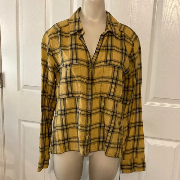 Girl Kraft cropped flannel plaid button front L - Picture 1 of 16